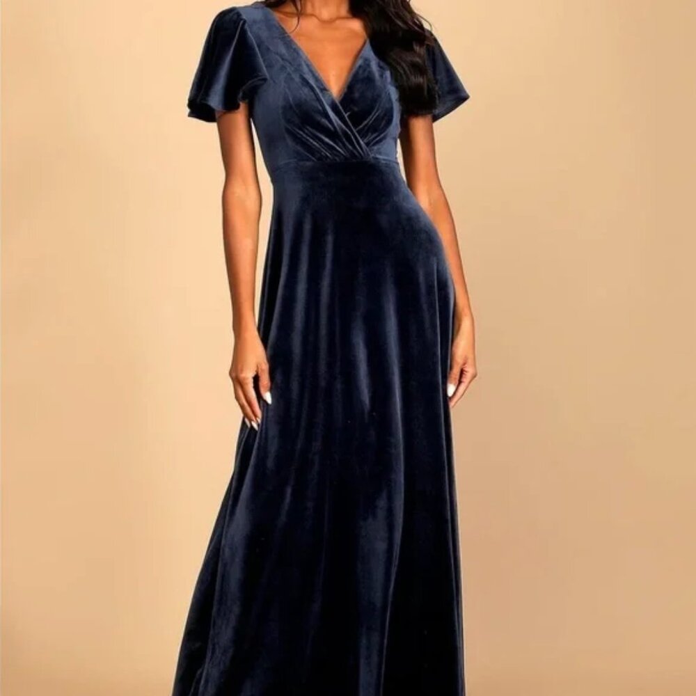 LULUS | WORN ONCE, LIKE NEW | Navy Blue Velvet Flutter Sleeve Maxi Dress | SZ XS
